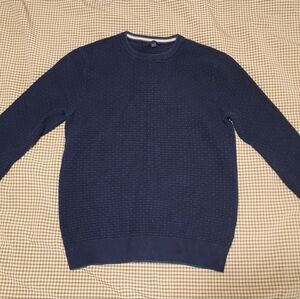 Denver Hayes 100% Cotton Navy Textured Crewneck Sweater with Light Blue Trim